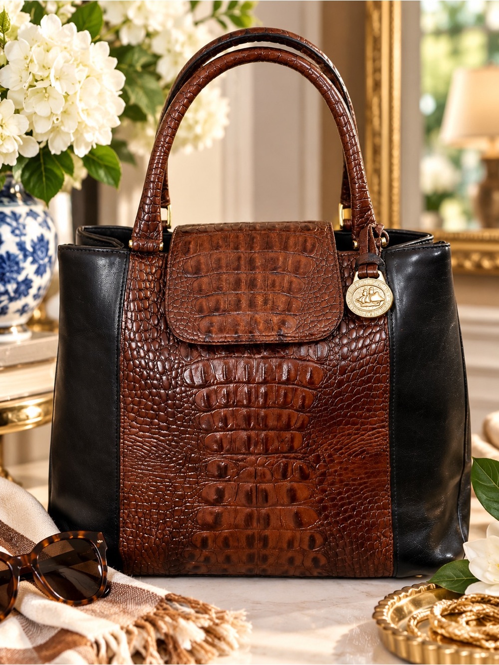Brahmin Susana Tuscan Pecan Melbourne Two Tone Leather Tote Dust Bag